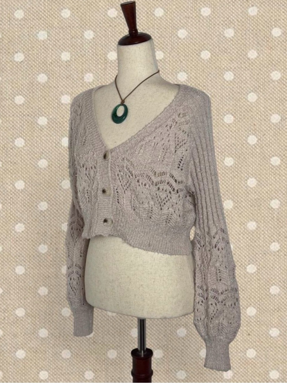 Altar'd State Taupe Openwork V‑Neck Cropped Cardigan - Picture 2 of 7